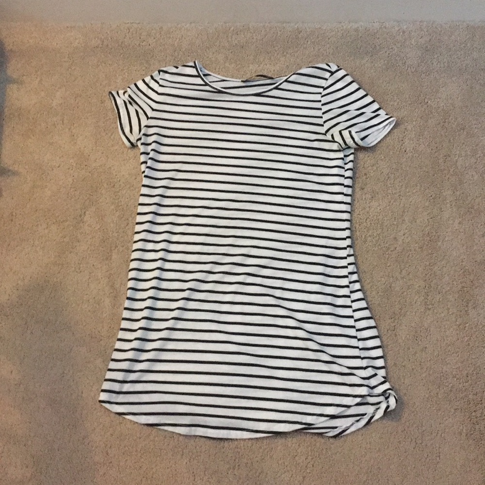 White Shirt-Dress With Thin Black Stripes.